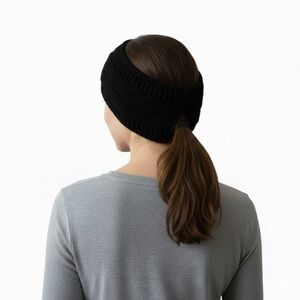Set of Two Ear Warmer Headbands with Ponytail Slit in Cream and Black